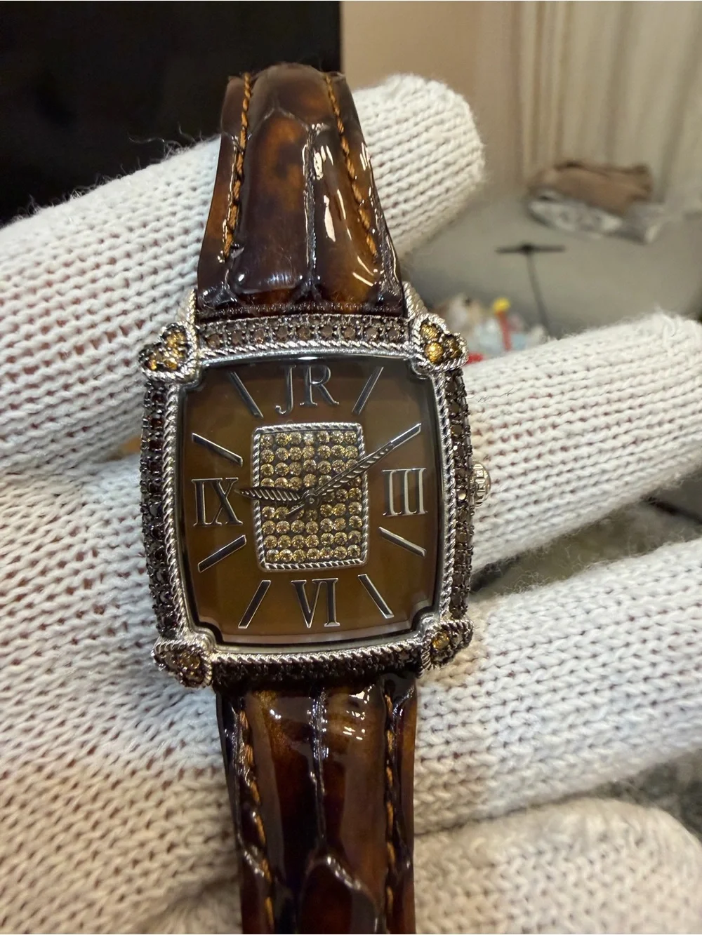 Judith Ripka Monaco Watch Brown Face Pave CZ Crystal Heart Tortoise Strap Runs
